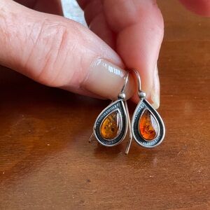 Teardrop Amber Dangle Earrings in Sterling-Tone Setting